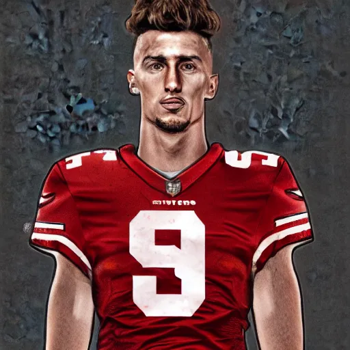 Image similar to Portrait of George Kittle wearing a San Francisco 49ers shirt, ultradetailed, studio lightning, trending on artstation, concept art