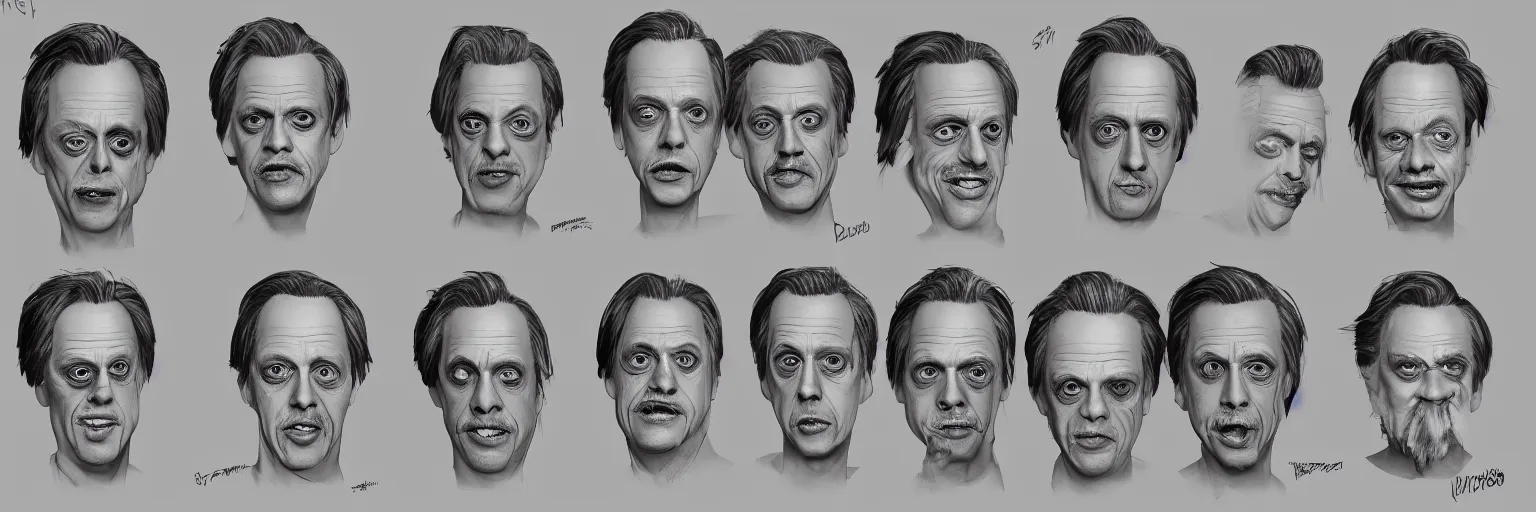 Image similar to character study of steve buscemi and gary busey, clear faces, wild, crazy, character sheet, fine details, concept design, contrast, kim jung gi, pixar and da vinci, trending on artstation, 8 k, full body and head, turnaround, front view, back view, ultra wide angle