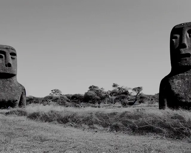 Image similar to black and white noir film with moai
