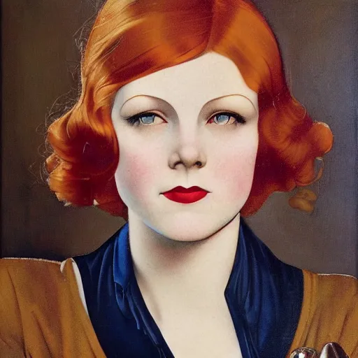 Image similar to an oil painting depicting an redhead girl, 1920s style, smooth, highly detailed, high contrast, Coles Phillips, Dean Cornwell, JC Leyendecker, 8K