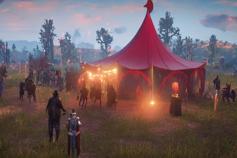 Image similar to 3d sculpt of a huge dark fantasy gothic circus tent, artstaton, League of Legends, red dead redemption2, overwatch, digital illustration