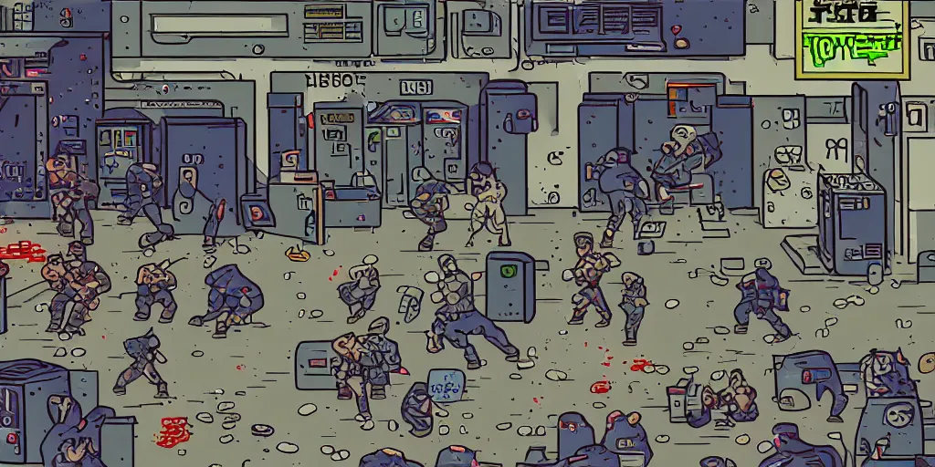 Prompt: 1991 Video Game Screenshot, Anime Neo-tokyo Cyborg bank robbers vs police, Set in Bank Vault Room, bags of money, Multiplayer set-piece, Police officers hit by bullets :9, Police Calling for back up, Bullet Holes and Blood Splatter, :3 ,Hostages, Smoke Grenades, Large Caliber Sniper Fire, Chaos, Cyberpunk, Money, Anime Bullet VFX, Machine Gun Fire, Violent Gun Action, Shootout :5 , Highly Detailed, 8k :4 by Katsuhiro Otomo + Studio Gainax : 8