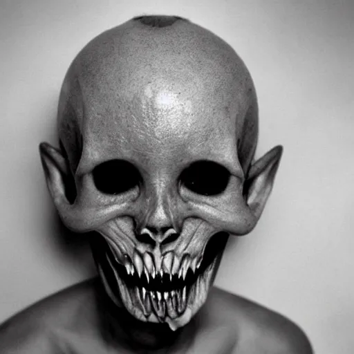 Image similar to crooked teeth, black eyes, gaping mouth, alien looking, skull like, big forehead, horrifying, killer, creepy, dead, monster, tall, incredibly skinny, open mouth, deathly, old photo, turning yellow