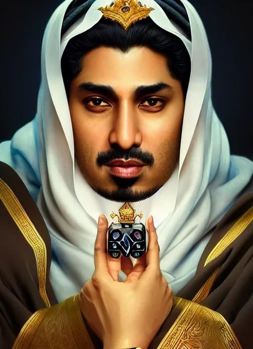 Image similar to king of saudi arabia playing video games, intricate, elegant, highly detailed, my rendition, digital painting, artstation, concept art, smooth, sharp focus, art by artgerm and greg rutkowski and alphonse mucha and uang guangjian and gil elvgren and sachin teng, symmetry!!