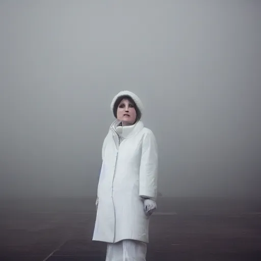 Prompt: woman with white hait in an industrial soviet city, air pollution, fog, dslr 5 0 mm portrait photo