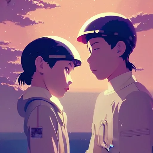 Prompt: portrait of boy and girl with astronaut helmets by ilya kuvshinov, cloudy sky background lush landscape ln illustration concept art anime key visual trending pixiv by victo ngai fanbox by greg rutkowski makoto shinkai takashi takeuchi studio ghibli