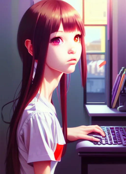 Image similar to a film still polaroid portrait of a young gamersgirl at her computer, detailed features, perfect art, busy room, hd, gapmoe yandere, trending on pixiv, focussed painted art, by wlop, ilya kuvshinov, artgerm, krenz cushart, pixiv