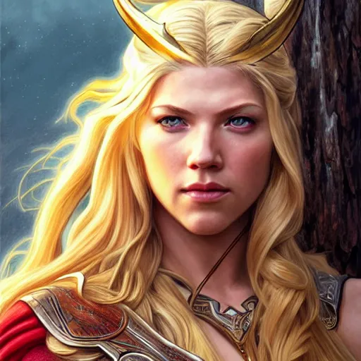 Image similar to beautiful Katheryn Winnick as Lady Thor, drawn by a 6 year old, western, closeup, D&D, fantasy, intricate, elegant, highly detailed, digital painting, artstation, concept art, matte, sharp focus, illustration, art by Artgerm and Greg Rutkowski and Alphonse Mucha