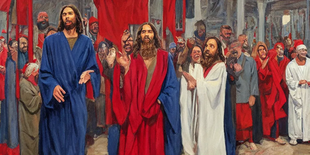 Image similar to jesus christ in a robe and red scarf, campaigning for president of the united states ; slice of life ; norm rockwell painting ; 2 0 2 2 ; highly detailed