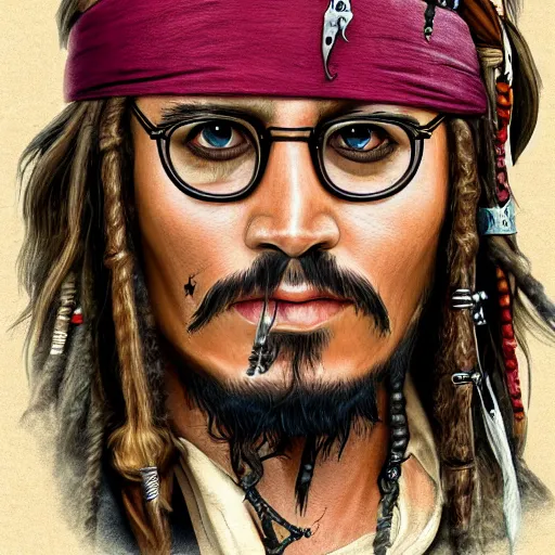 Prompt: portrait Jack Sparrow dressed like Harry Potter at Hogwarts, fighting Voldemort, masterpiece, trending on artstation, intricate detail