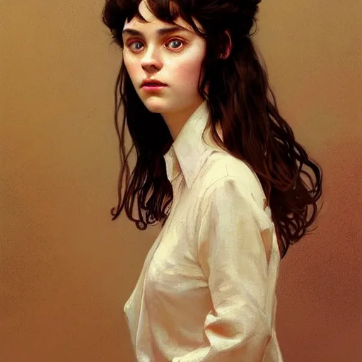 Image similar to portrait of a welsh teenage girl with brown hair, glowing skin, delicate features, amelie poulain, fantasy, intricate, elegant, dress shirt, highly detailed, digital painting, artstation, concept art, smooth, sharp focus, illustration, art by Krenz Cushart and Artem Demura and alphonse mucha