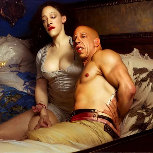 Image similar to vin diesel is in his bed, nervous and terrified, because kat dennings from hell is attacking him. highly detailed painting by gaston bussiere, j. c. leyendecker, greg rutkowski, craig mullins 8 k