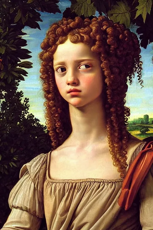 Prompt: renaissance painting of young girl soldier in the garden, closeup, curly long hair, face closeup, emotions closeup, dressed in roman armour, the beautiful garden with maple leaves everywhere, ultra detailed, art by guido reni style, vincenzo catena style