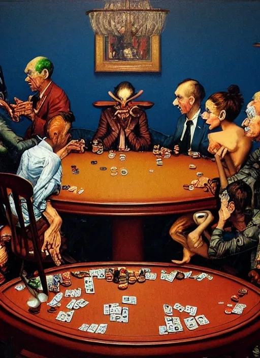 Prompt: realistic detailed image of dark figures playing poker in the style of Francis Bacon, Surreal, Norman Rockwell and James Jean, Greg Hildebrandt, and Mark Brooks, triadic color scheme, By Greg Rutkowski, in the style of Francis Bacon and Syd Mead and Edward Hopper and Norman Rockwell and Beksinski, open ceiling, highly detailed, painted by Francis Bacon, painted by James Gilleard, surrealism, airbrush, Ilya Kuvshinov, WLOP, Stanley Artgerm, very coherent, art by Takato Yamamoto and James Jean