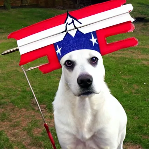 Prompt: a dog with a trident, riding a patriotic bald eagle