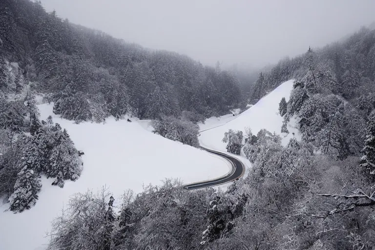 Image similar to a dangerous winding road route on an icy snowy cliff edge, blizzard, photo