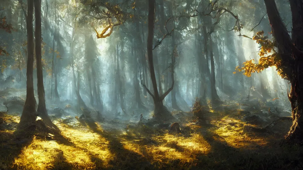 Image similar to A Craig Mullins oil painting of a hauntingly beautiful elven forest in the morning; rays of light coming through the canopy; trending on artstation; extraordinary masterpiece!!!!!!; 8k