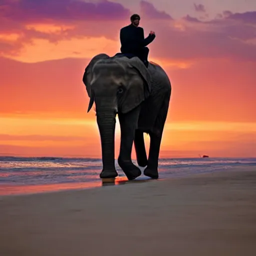 Image similar to leonardo dicaprio riding an elephant on beach at sunset romantic lighting