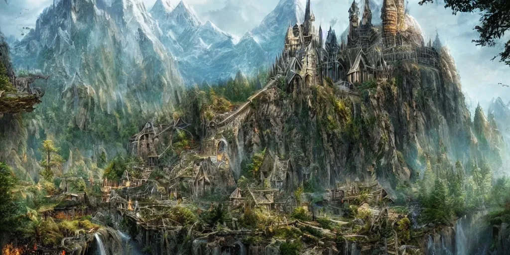 Minas Tirith, Gondor, magical, evening, Tolkien, Lord, Stable Diffusion