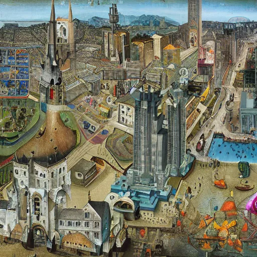 Image similar to downtown san francisco as painted by hieronymus bosch. epic digital art. 8 k