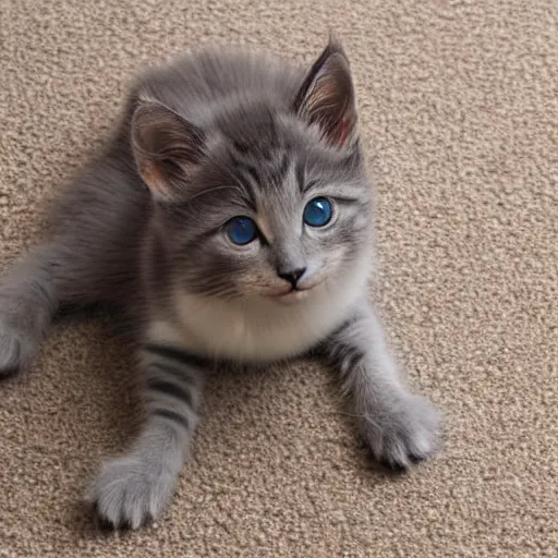 Prompt: gray kitten stretching on beige carpet