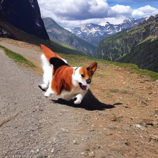 Image similar to corgi backpacking through the mountains, cute, photorealism, action shot