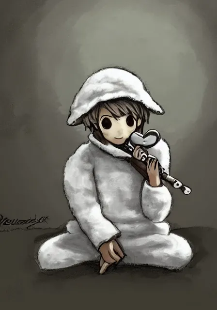 Image similar to little boy wearing sheep suit playing a flute sitting on bed. white, gray, blue, green and brown pallet color. made in abyss art style, inspired in kris from deltarrune, cute detailed artwork, anatomically correct