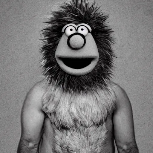 Image similar to a still of a forgotten muppet character looking very manly and modern, hilarious, laughing, hairy chest, huge chin, manly monster tough guy, roughled fur, photo real, photographic, photograph, artstation, trending, featured