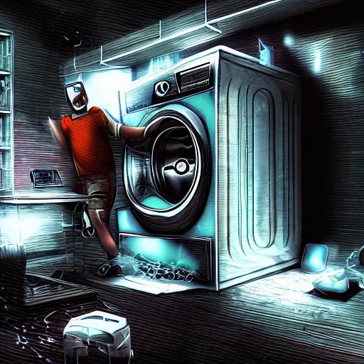 Prompt: a washing machine becoming sentient and rebelling against humanity, cyberpunk, digital art, high detail