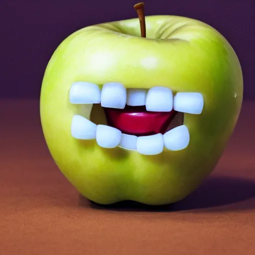 Image similar to an apple with real teeth in a studio