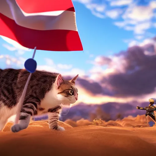 Image similar to a cat with a flag riding another cat into battle, in the background there is epic enormous terrain with shockingly gorgeous skies, dramatic lighting, octane render, unreal 5