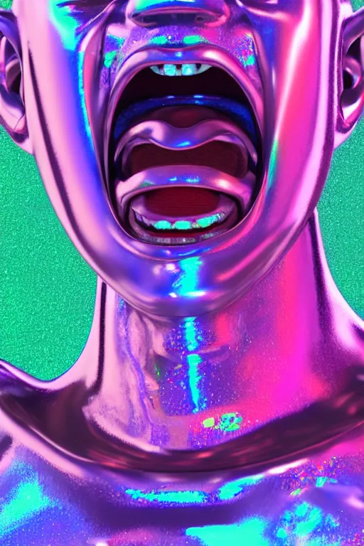 Image similar to 3d render of holographic angry human robotic screaming angry bust made of glossy iridescent, screaming, bust, surrealistic 3d illustration of a human non-binary, non binary model, 3d model human, cryengine, made of holographic texture, holographic material, holographic rainbow, concept of cyborg and artificial intelligence