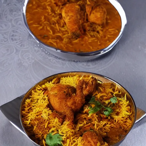 Image similar to A college student is eating chicken biryani in an Andhra mess, highly detailed, 4k