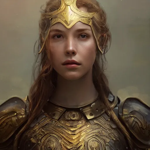 Image similar to attractive aesthetically pleasing young woman portrait, partially clothed in metal-plated battle armor, atmospheric lighting, painted, intricate, volumetric lighting, beautiful, golden hour, sharp focus, ultra detailed, by Leesha Hannigan, Ross Tran, Thierry Doizon, Kai Carpenter,Ignacio Fernández Ríos