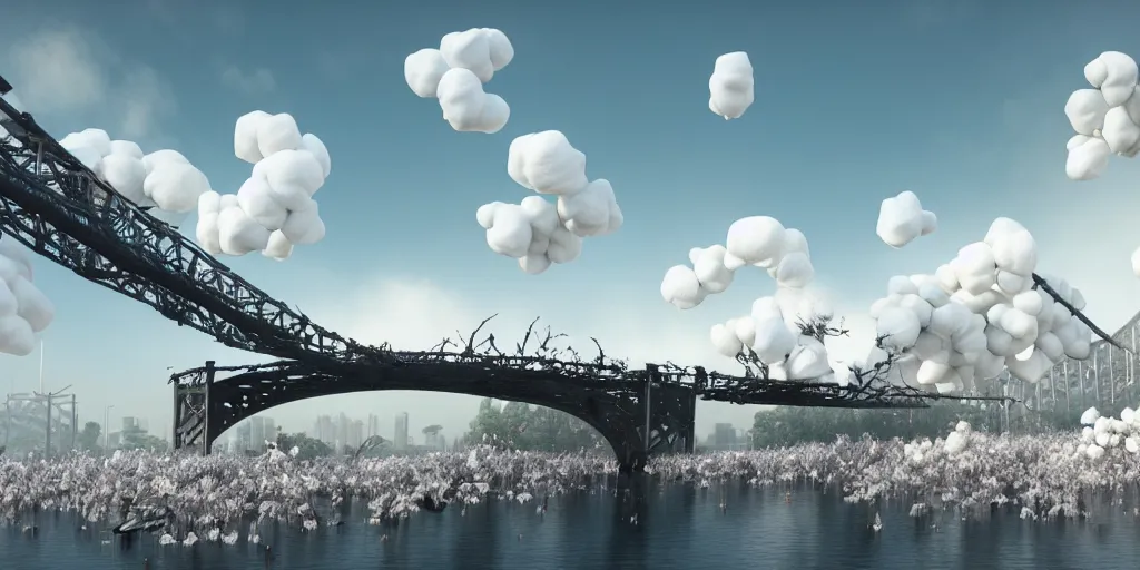 Image similar to explosions in the form of realistic white cotton plants on harbour bridge, huge white cotton everywhere on the destroyed harbour bridge, smooth, sharp focus, highly detailed, 3 d octane render, epic lighting, lots of white cotton, 8 k