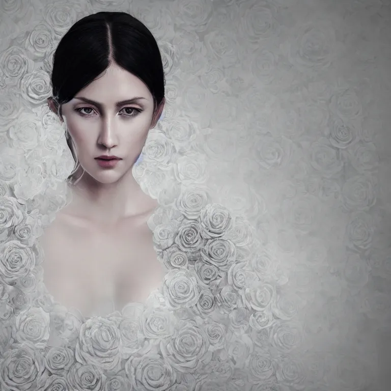 Image similar to hight focus of a wonderful realistic focused sweet wonderful symmetrical centered mid portrait of a lonely woman with a detailed wonderful, majestic, large semi transparent white cotton dress ornate with semi transparent black cotton roses and semi transparent white veils, dramatic light, octane render, - 8 k