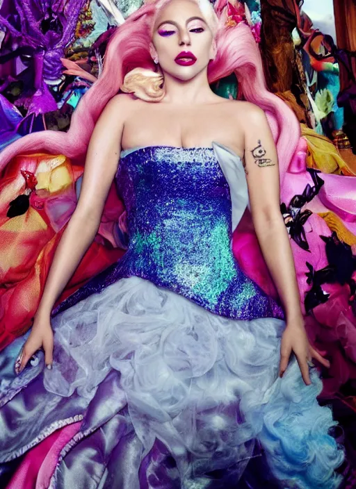 Image similar to lady gaga photohoot artpop disney princess, vogue magazine, fairytale, Highly realistic. High resolution. Highly detailed. Dramatic. 8k.4k.