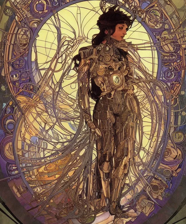 Image similar to realistic detailed portrait of a humanoid mecha cyberpunk! goddess by Alphonse Mucha and Charlie Bowater and art germ, rule of thirds, golden ratio, Art Nouveau! cyberpunk! style, mechanical accents!, mecha plate armor, glowing LEDs, flowing wires with leaves, art nouveau accents, art nouveau patterns and geometry, rich deep moody colors, portrait style with the subject in the middle of the frame