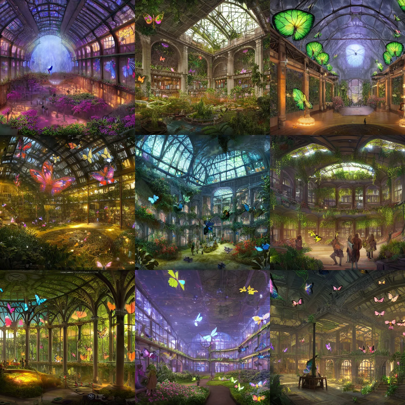 Prompt: Matte painting of the interior view of giant botanical museum. Glowing butterflies swarms. Solarpunk. Fantastical, detailed digital art trending in artstation