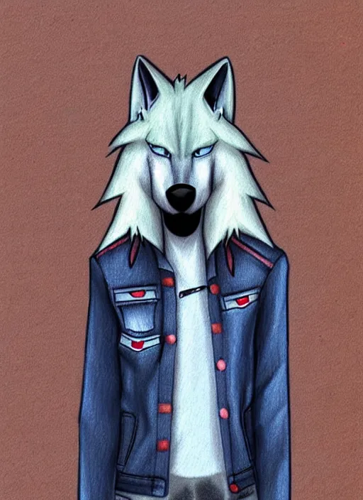 Prompt: expressive stylized master furry artist digital colored pencil painting full body portrait character study of the wolf ( sergal ) small head fursona animal person wearing clothes jacket and jeans by master furry artist blotch