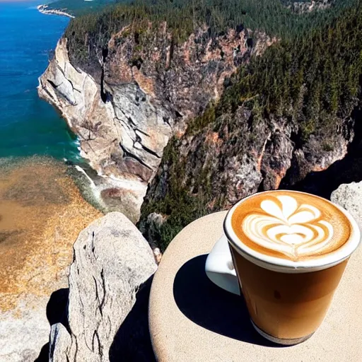 Prompt: a latte on a rock, at the edge of a cliff, with magma surrounding