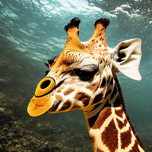 Prompt: giraffe wearing a diving mask underwater on a swimming pool