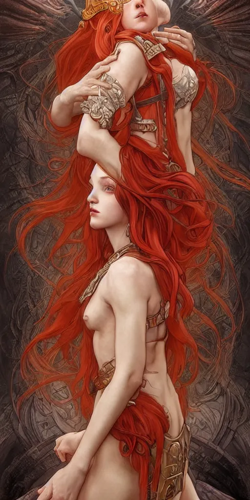 Prompt: beautiful young princess. she is a fire wizard with fire red hair and freckles. she is wearing armor inspired by giger with an exposed midriff. standing on a mountain top with epic clouds and volumetric lighting. intricate illustration and highly detailed digital painting. concept art by artgerm with border inspired by alphonse mucha. inspired by brom art and larry elmore.