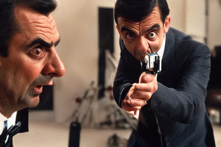 Image similar to mr bean from 1 9 9 0 s as james bond in an action scene fighting a villain, professional photography, 8 k, cinematic