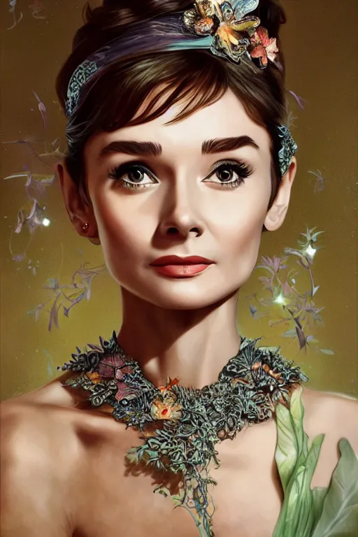 Prompt: Audrey Hepburn, cute, fantasy, intricate, elegant, highly detailed, digital painting, 4k, HDR, concept art, smooth, sharp focus, illustration, art by artgerm and H R Giger and alphonse mucha