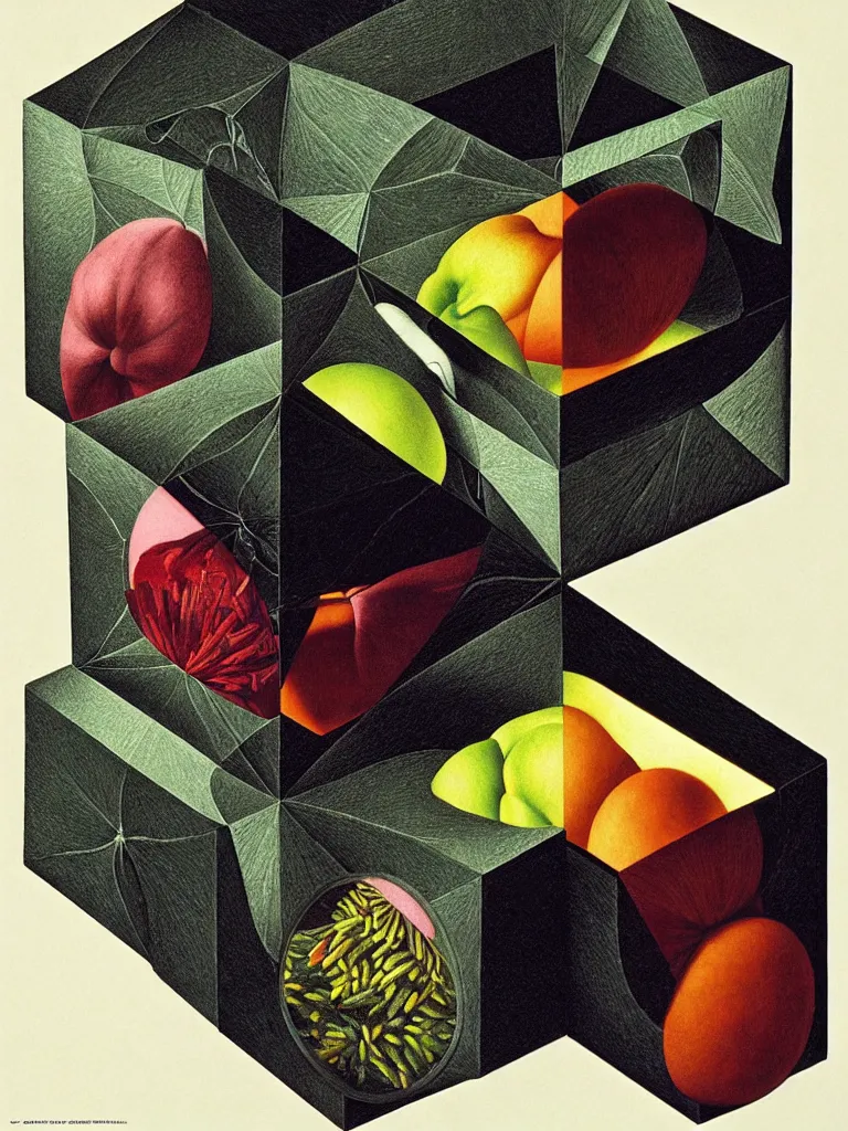 Image similar to hyperrealistic still life portrait of a tesseract, impossible shape, by caravaggio, mc escher, and yosumo okuta, botanical print, surrealism, vivid colors