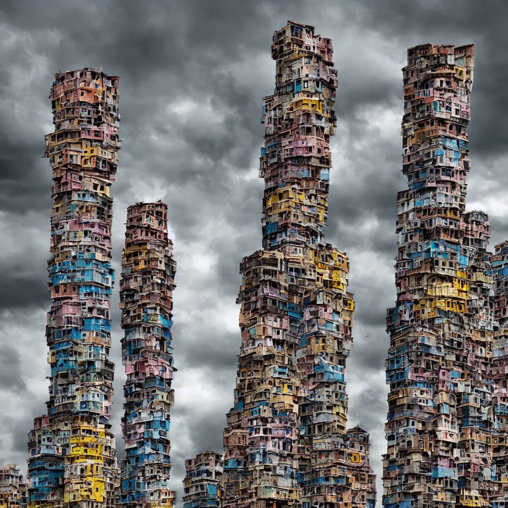 Prompt: close - up towers made up of colourful squatter housing, bleached colours, dramatic cloudy sky, dystopia, mamiya, very detailed, ultra sharp, photographed by john chiara