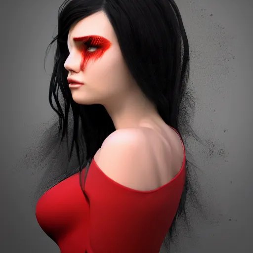 Prompt: portrait of a woman with long black hair and red eyes, wearing a red dress, 4k, detailed face, beautiful, octane render, cgi, cgsociety, dark lighting, artstation, high quality, depth of field, ambient occlusion,