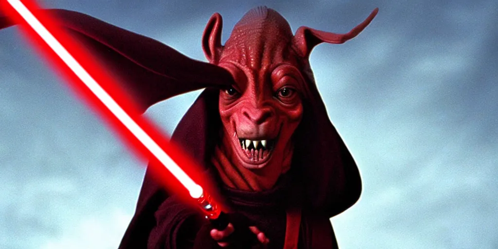 Image similar to jar jar binks as a sith lord, holding a red lightsaber