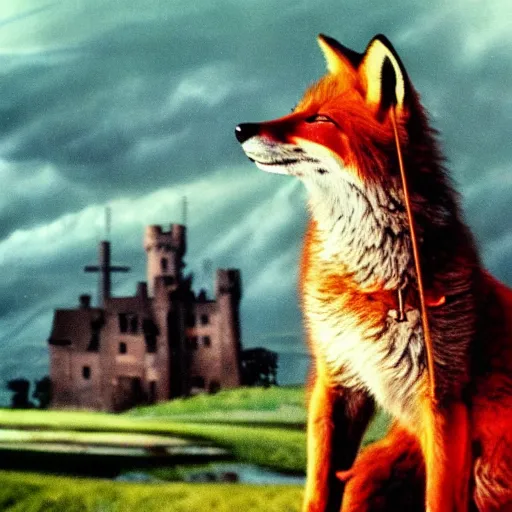 Image similar to anthropomorphic fox!! who is a medieval knight holding a swo - rd towards a stormy thundercloud [ 1 9 3 0 s film still ], ( castle in the background )